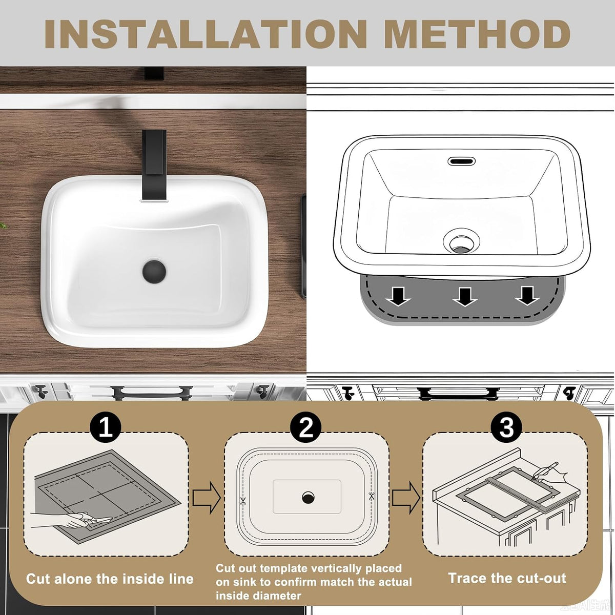 19 Inch Drop In Bathroom Vessel Sink with Overflow Rectangle White
