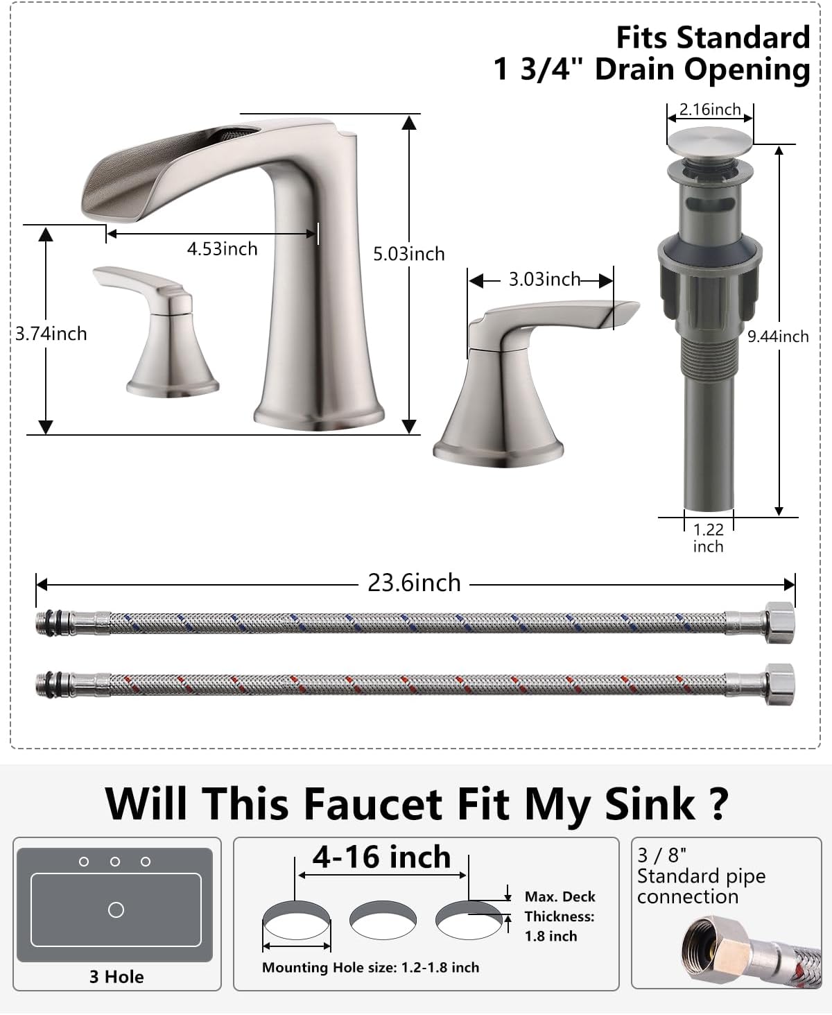 Fapully Brushed Nickel Bathroom Faucet 3 Hole, Waterfall 8 Inch Widespread Bathroom Sink Faucet with Pop-up Drain, Two-Handle Faucet for Bathroom Sink
