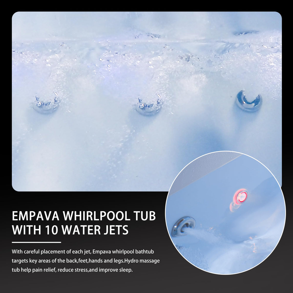 Empava Acrylic Whirlpool Bathtub, 71" Jetted Tub with Healing Chromotherapy