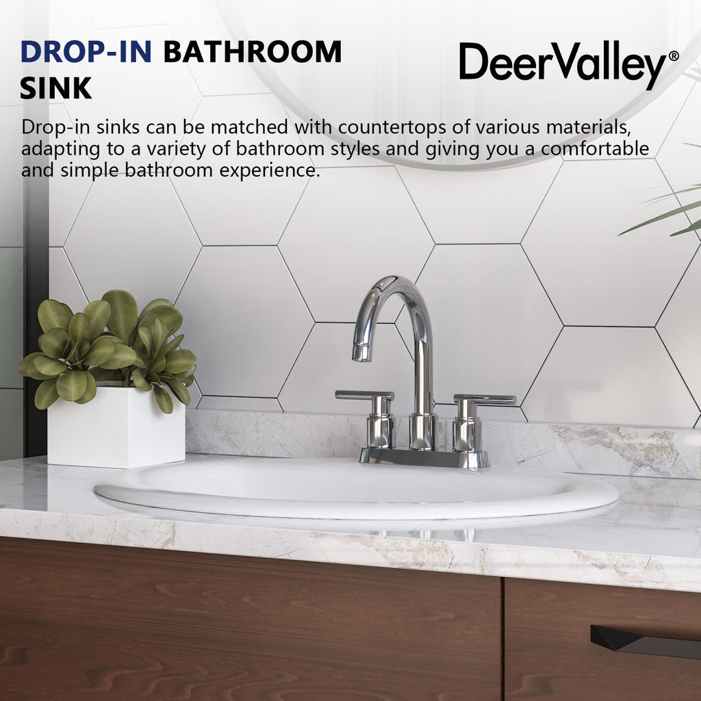 DeerValley Drop In Bathroom Sink White 21"x18" Rectangle Sleek 3-Hole Basin