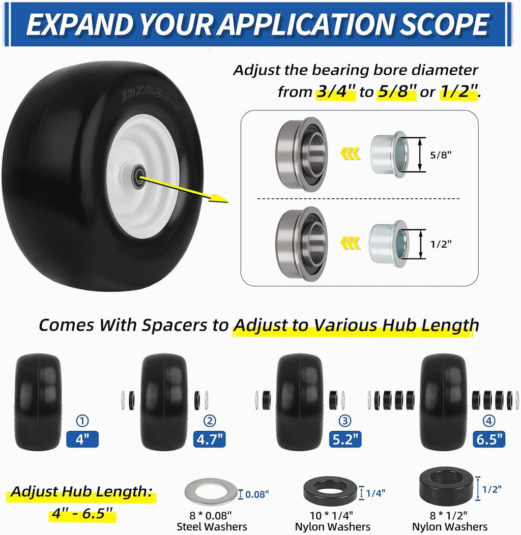 GICOOL 13x6.50-6" Flat-Free Front Tire and Wheel, for Zero-Turn Mower, 2PK