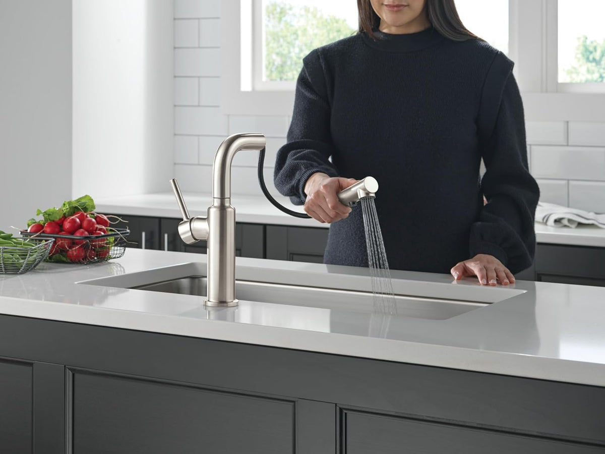 Delta Daneri Brushed Nickel Kitchen Faucet with Pull-Out Sprayer, Modern Single Hole Kitchen Sink Faucet, Single Handle, Stainless 16879-SS-DST