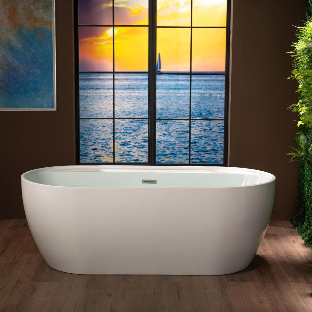 WOODBRIDGE 72" Acrylic Freestanding Bathtub Contemporary Soaking White Tub with Brushed Nickel Overflow and Drain,B0059BN