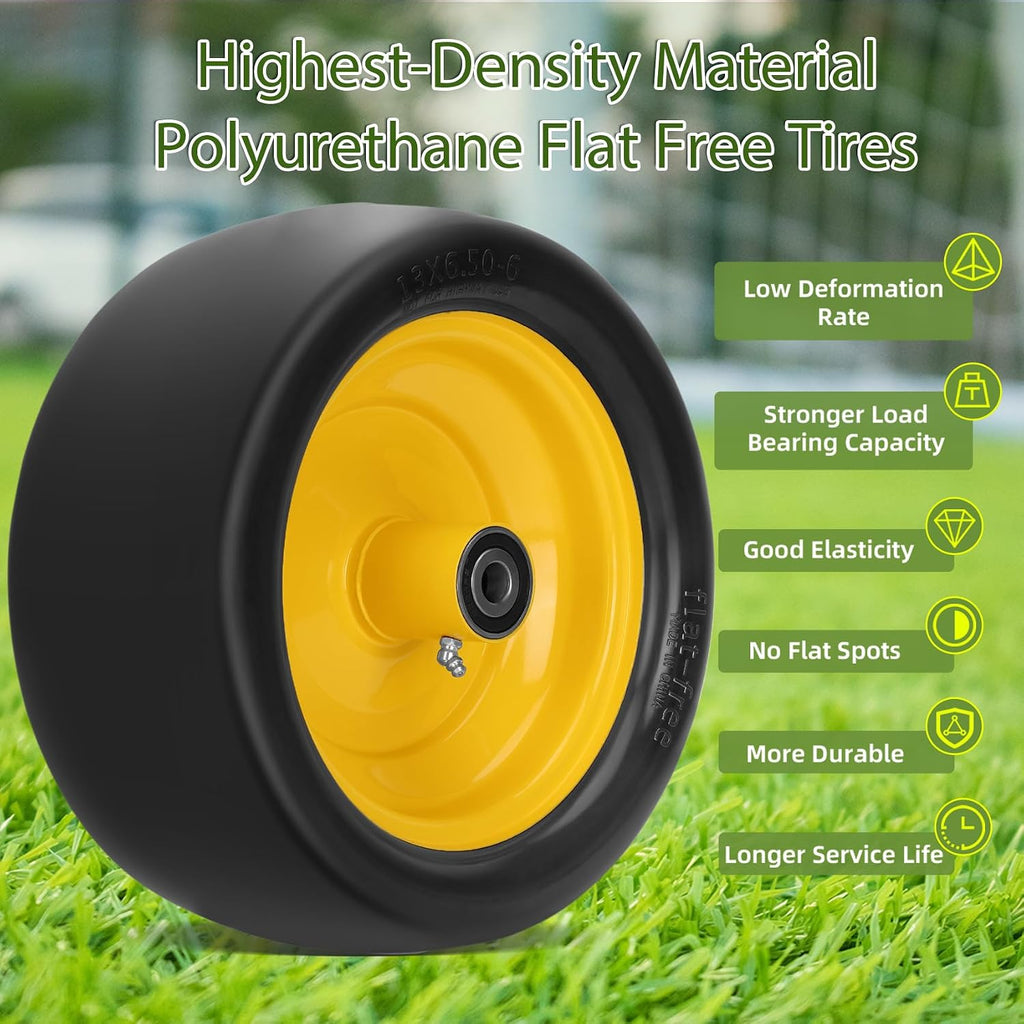 2 Pcs 13x6.50-6 Lawn Mower Tires Flat Free with 3/4" 1/2" 5/8" Bearings