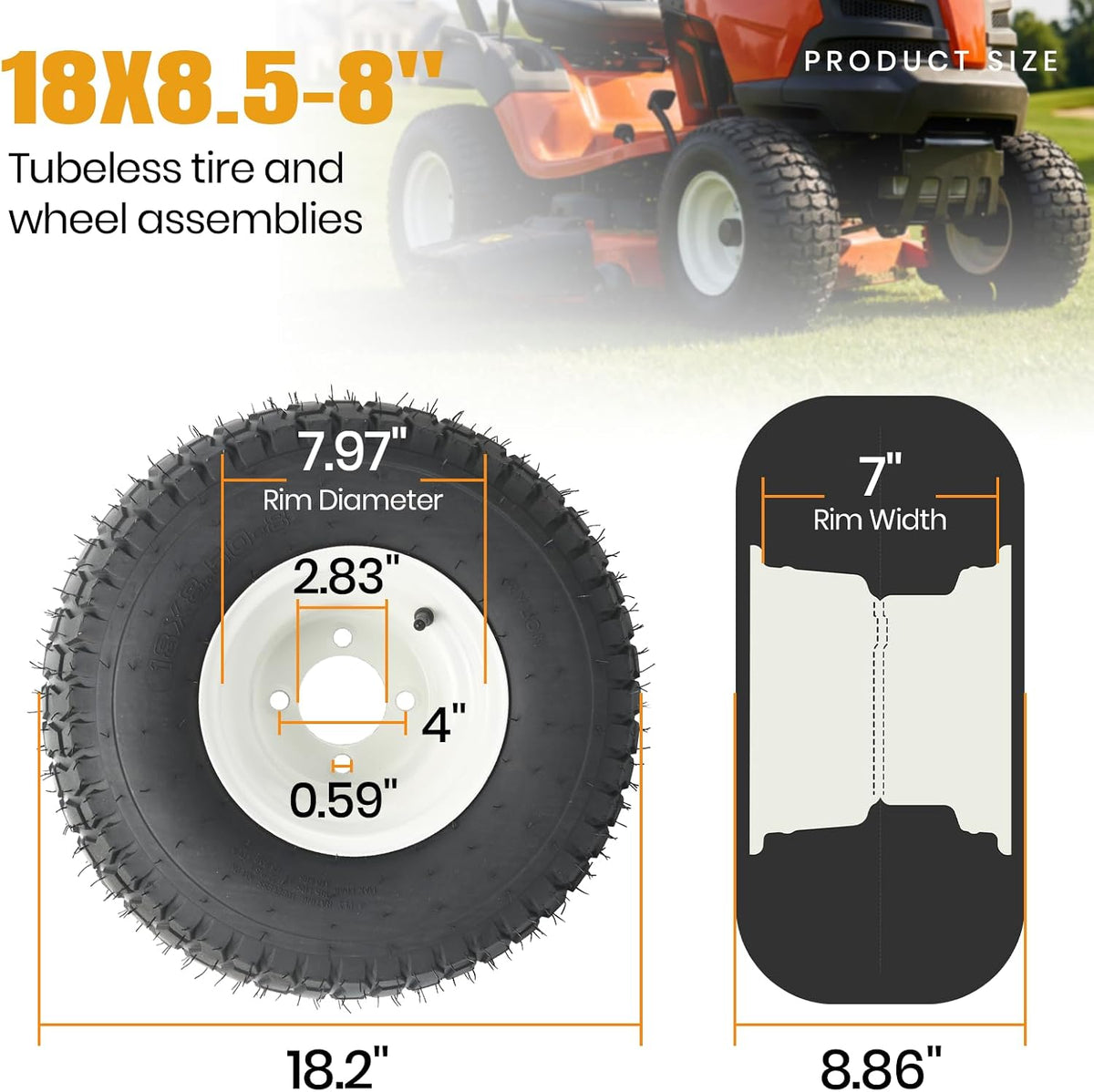 AR-PRO (2 Pack) 18x8.5-8 Lawn Mower Tire and Wheel, 4-Lug Tubeless