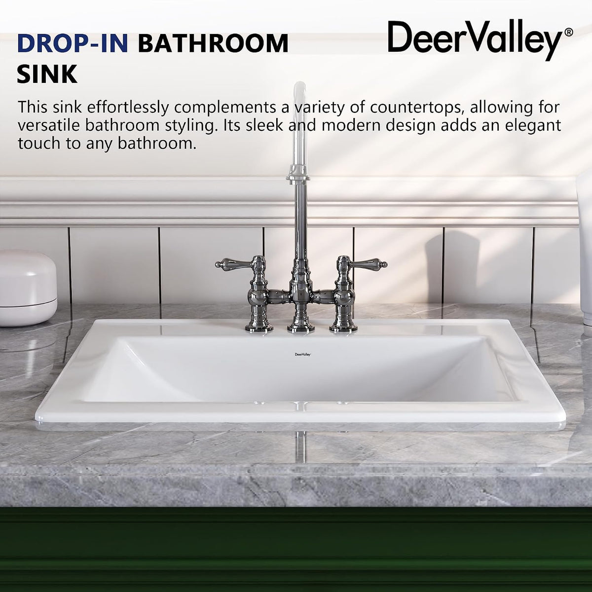DeerValley Drop In Bathroom Sink White 21"x18" Rectangle Sleek 3-Hole Basin