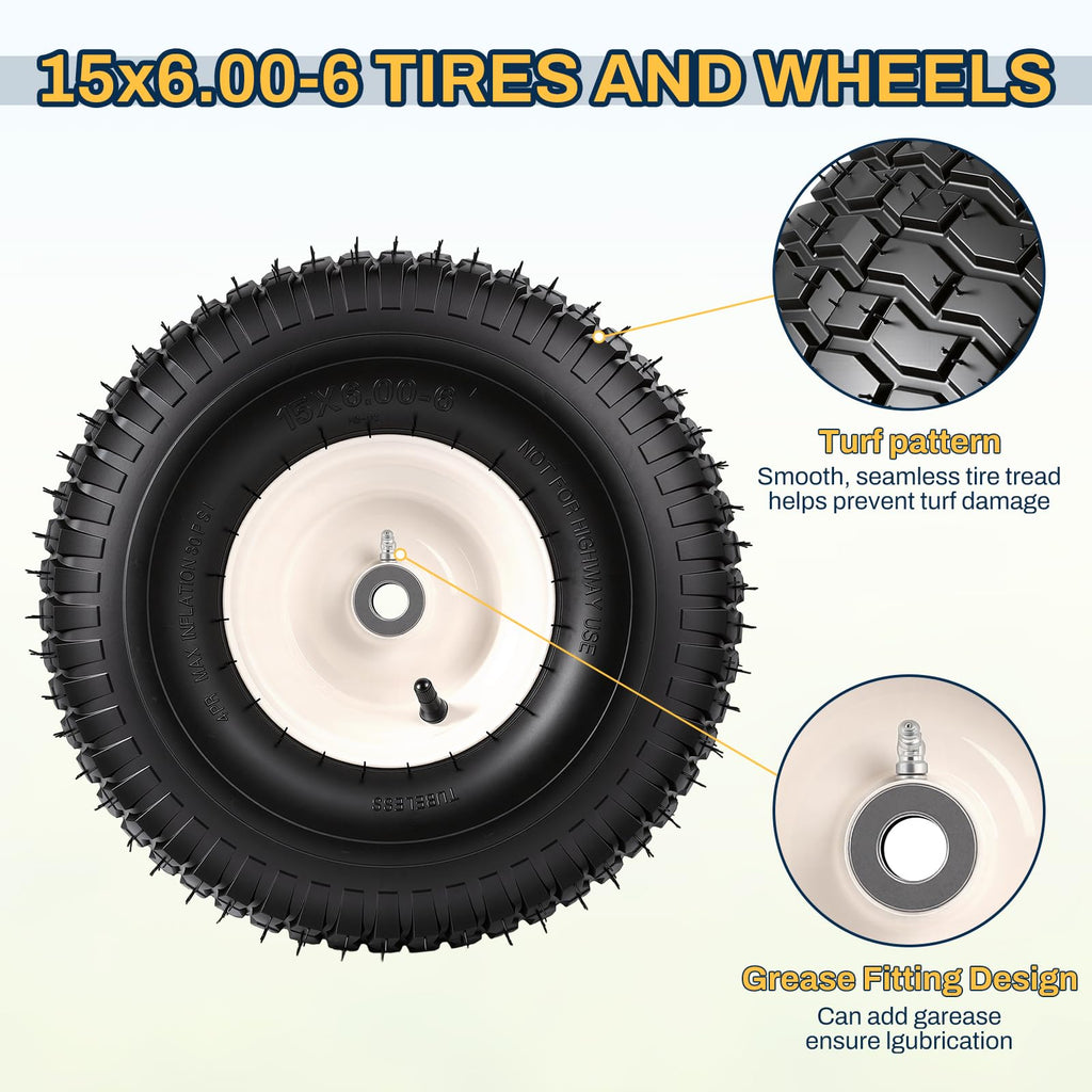 15x6.00-6 Flat Free Lawn Mower Tire and Wheel, 15x6-6 Front Tire Assembly