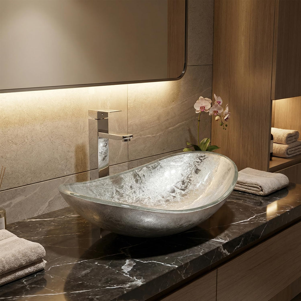 Bathroom Boat Shape Artistic Glass Vessel Sink, Gold