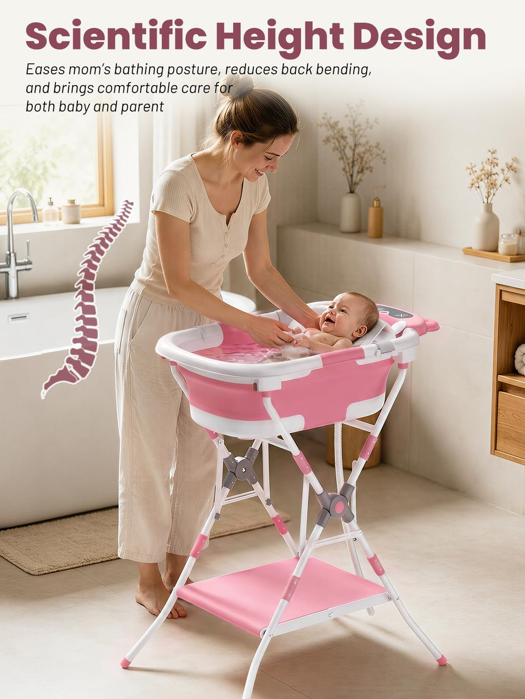 Baby Bathtub with Stand, Foldable Metal Standing Baby Bath Tub, 3-in-1 Anti-Slip Collapsible Tub with Cushion Storage Pad, Elevated Design for Newborn Toddler, Gray
