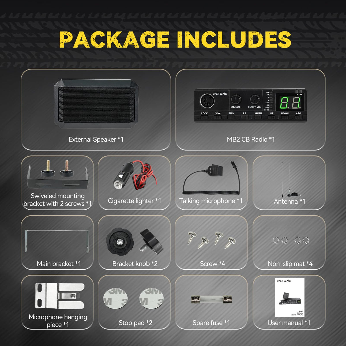 Retevis MB2 40-Channel AM/FM CB Radio Kit, CB Radio for Truck with Antenna