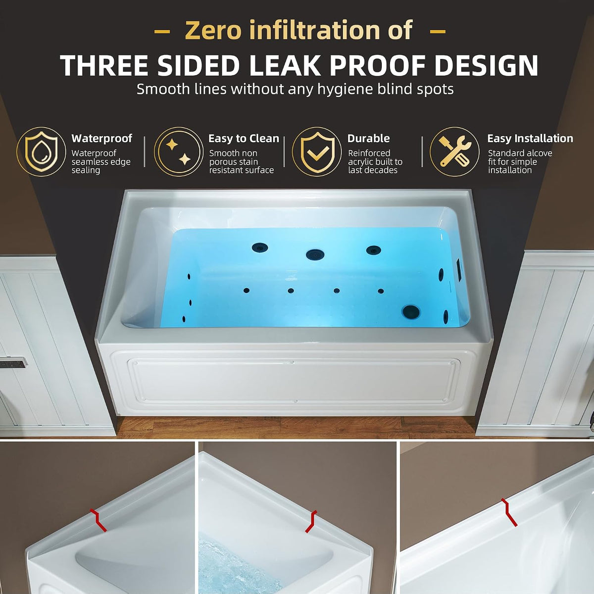 WOODBRIDGE 60" x 32" Alcove Acrylic Rectangular Whirlpool and Air Heated Tub in White with right Drain, Matte Black Finish Trim and Drain Kit Included, DF631-R-MB02