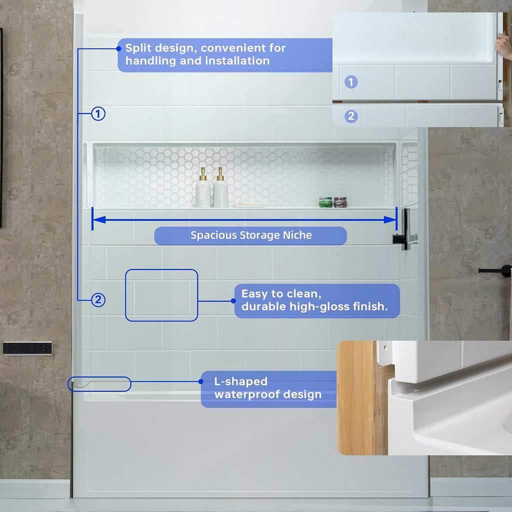 WOODBRIDGE 60â x 32â Four-Piece Direct-to-Stud Alcove Tub Surround with Left-Drain Hole Soaking Bathtub Combo in White