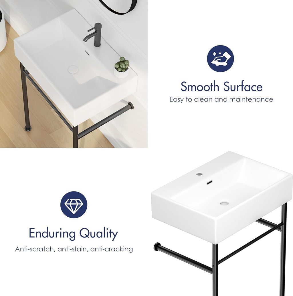 Eridanus 24"x16" Console Bathroom Sink, Free Standing 30 Inch Stainless Steel Support Pedestal Legs, Wall Mount White Vessel Ceramic Vanity Basin, Modern Rectangular Sinks Porcelain, Matte Black