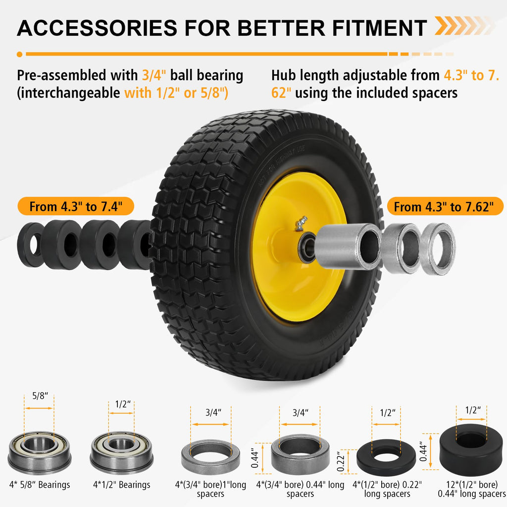 2 Pack 15x6.00-6 Flat Free Lawn Mower Tire and Wheel, 15" Solid Front Tires with 3" Centered Hub, 3/4" & 5/8" Bearings and 1" Bushings, Compatible with John Deere Husqvarna Riding Mowers Lawn Tractors