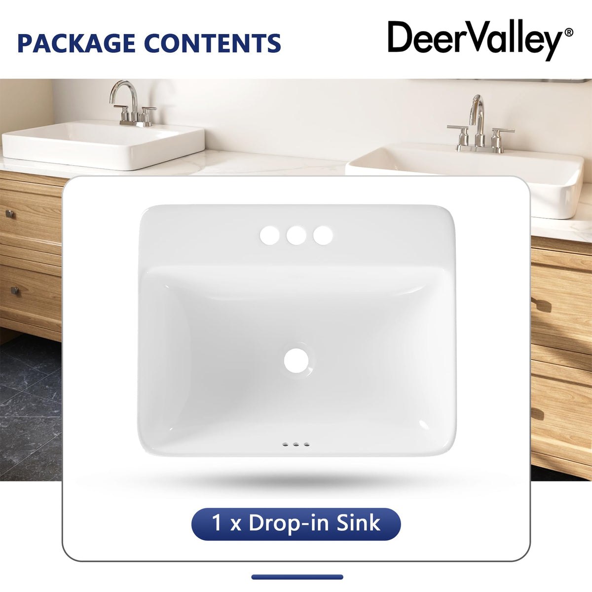 DeerValley Drop In Bathroom Sink White 21"x18" Rectangle Sleek 3-Hole Basin