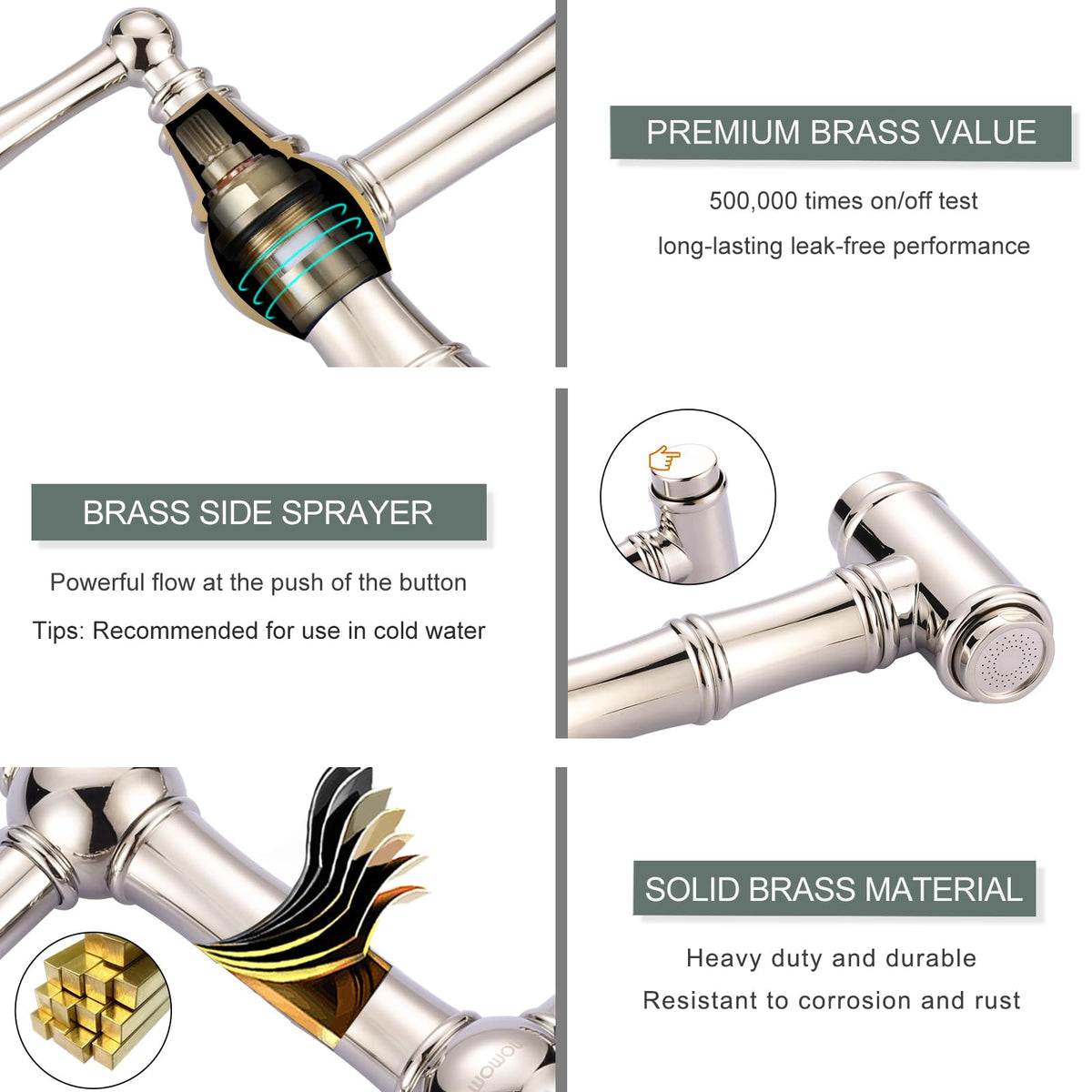 WOWOW Brass Bridge Kitchen Faucet 4 Hole with Side Sprayer, Brushed Gold