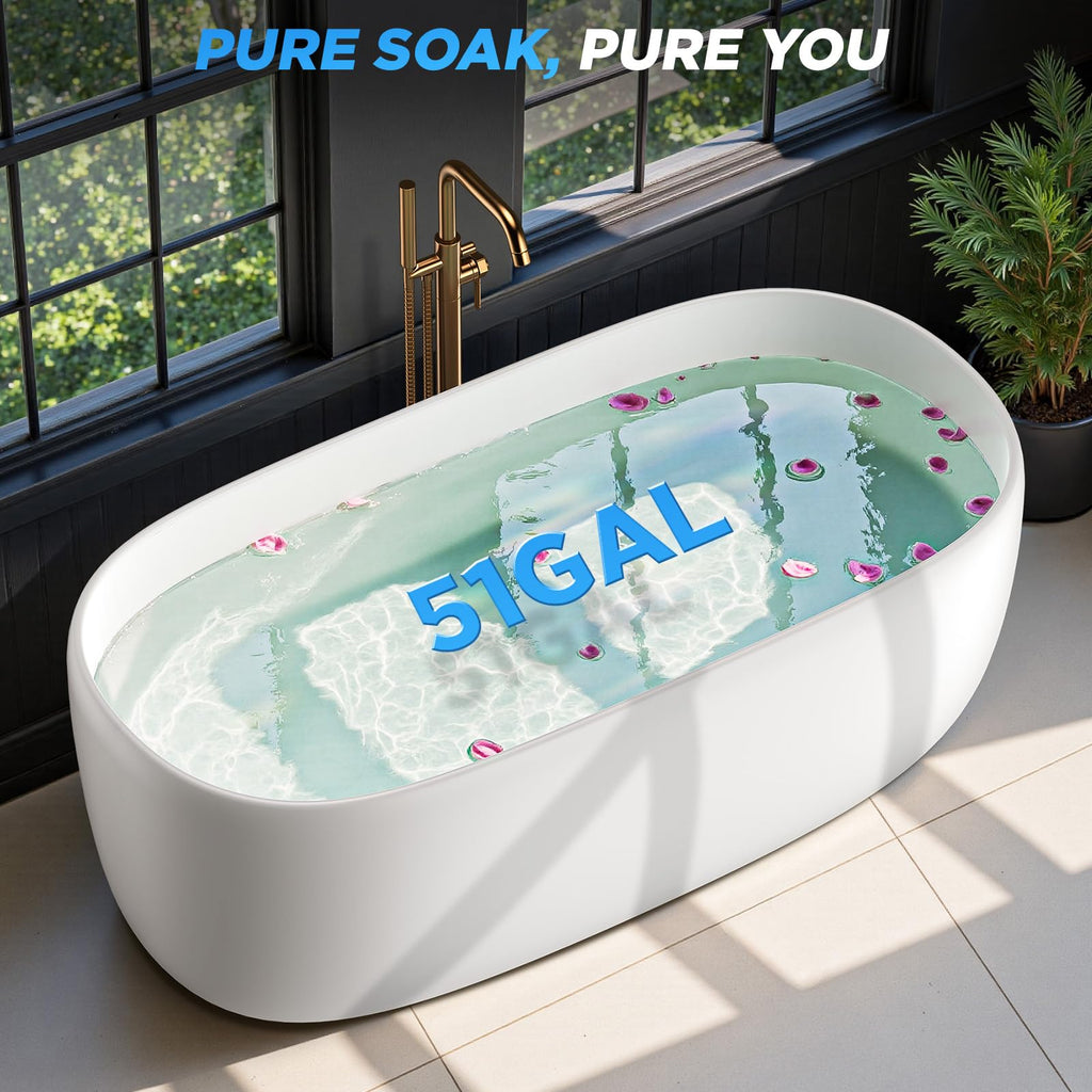 61''Stone Resin Freestanding Bathtub,Solid Surface Soaking Tub with Deep Bath Design, Modern Oval Free Standing Tub with Integrated Drain & Hidden Overflow, Starry Gray