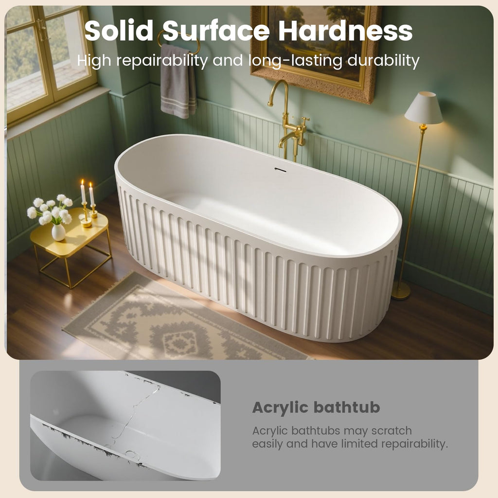 61''Stone Resin Freestanding Bathtub,Solid Surface Soaking Tub with Deep Bath Design, Modern Oval Free Standing Tub with Integrated Drain & Hidden Overflow, Starry Gray
