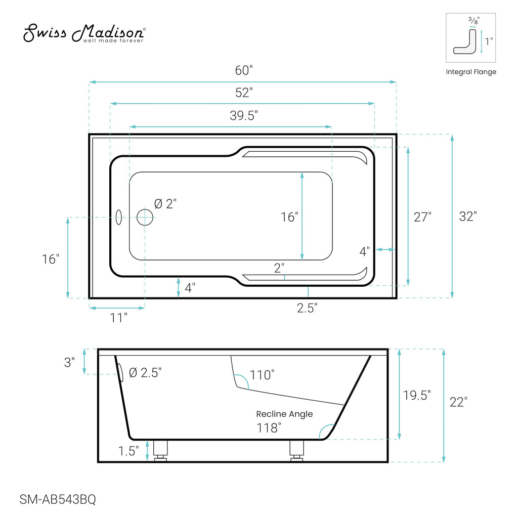 Voltaire 60" x 32" Right-Hand Drain Alcove Bathtub with Apron