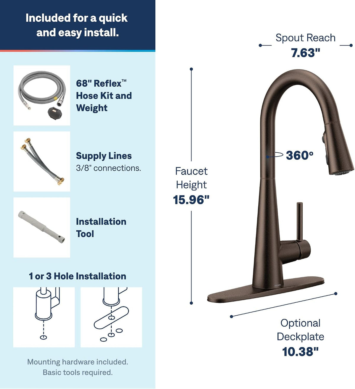Moen Sleek Oil Rubbed Bronze One-Handle High Arc Kitchen Faucet with Pulldown Sprayer Featuring Power Boost for a Faster Clean, 7864ORB
