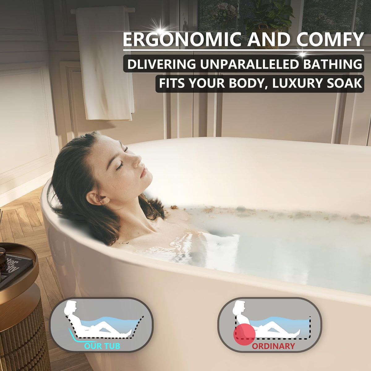 61" Freestanding Bathtubs, Acrylic Soaking Tubs for Adult, Integrated Overflow and Drain, cUPC Certified, Glossy White