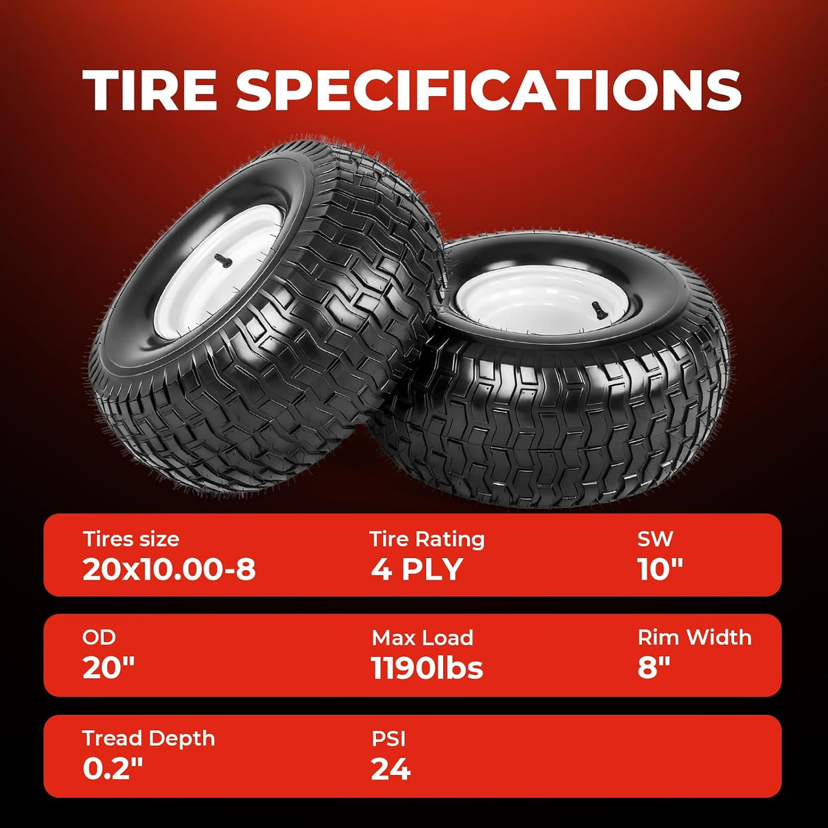 20x10.00-8 Lawn Mower Tires with Rim, 2-Pack