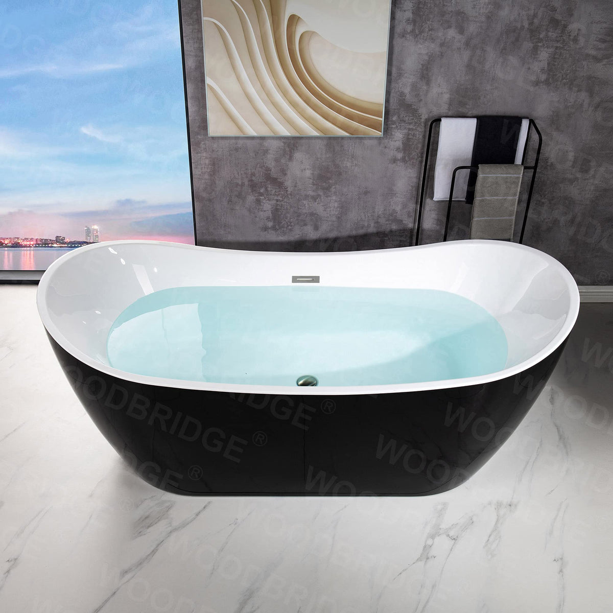 WOODBRIDGE 71" Acrylic Freestanding Bathtub Contemporary Soaking Tub , White Acrylic ( Matte Black Drain/Overflow),B0017 MB Drain &O