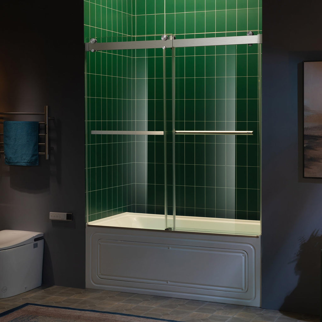 Woodbridge 56-60" W x 62" H Frameless Bathtub Shower Door,Double Sliding Soft-Close Doors,3/8(10mm) Tempered Glass with Explosion Proof Film in Brushed Bronze Finish