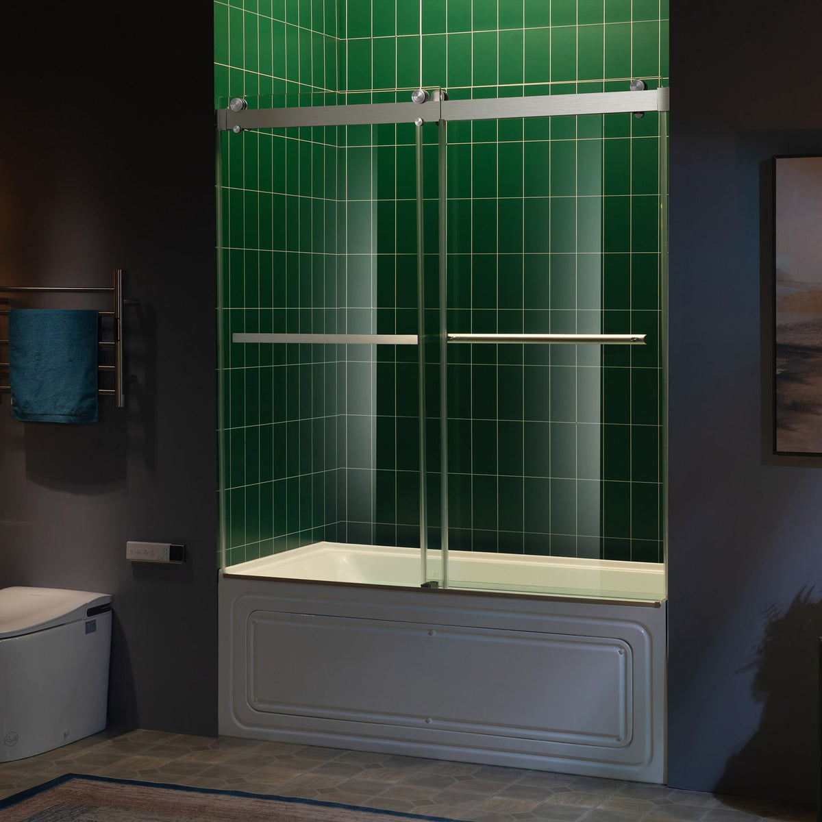 Woodbridge 56-60" W x 62" H Frameless Bathtub Shower Door,Double Sliding Soft-Close Doors,3/8(10mm) Tempered Glass with Explosion Proof Film in Brushed Bronze Finish