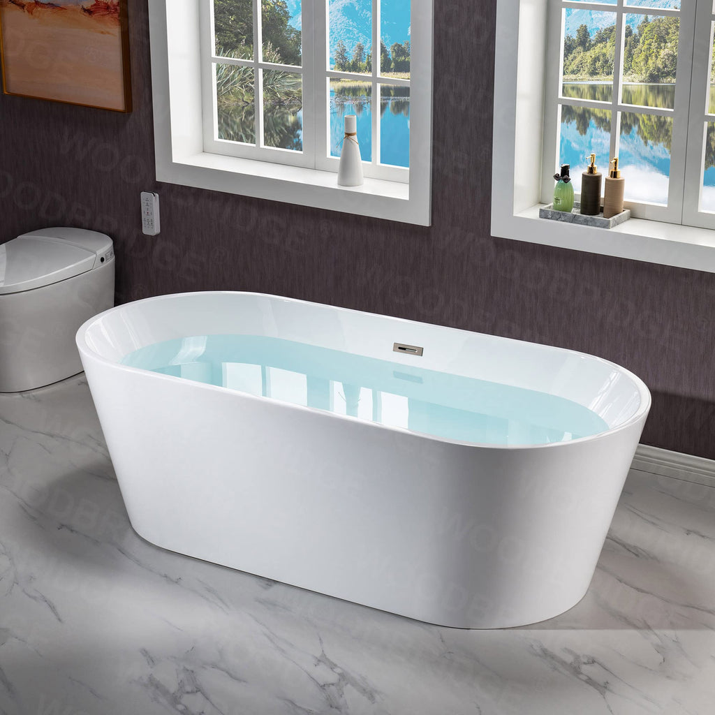 WOODBRIDGE 54" Acrylic Freestanding Bathtub Contemporary Soaking White Tub with Matte Black Overflow and Drain,BTA1702-MB