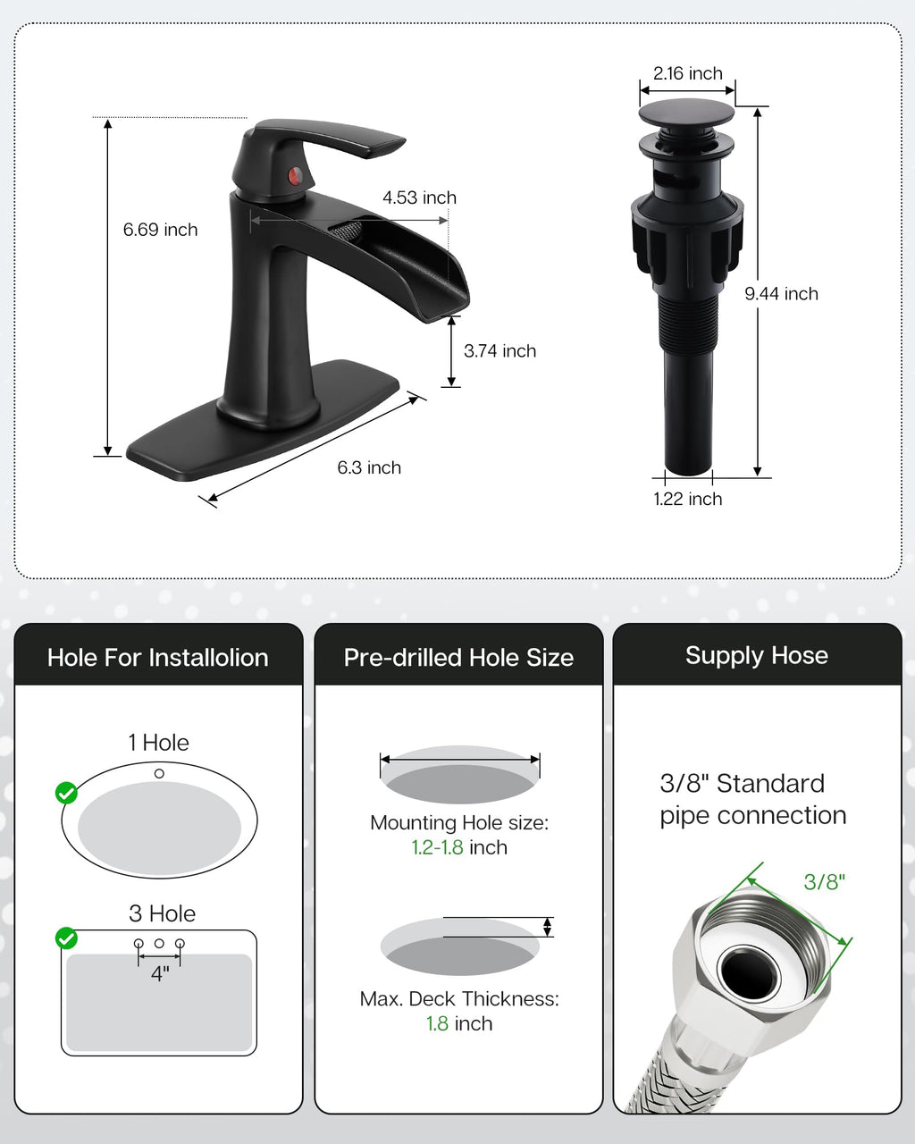 Fapully Brushed Nickel Bathroom Faucet 3 Hole, Waterfall 8 Inch Widespread Bathroom Sink Faucet with Pop-up Drain, Two-Handle Faucet for Bathroom Sink