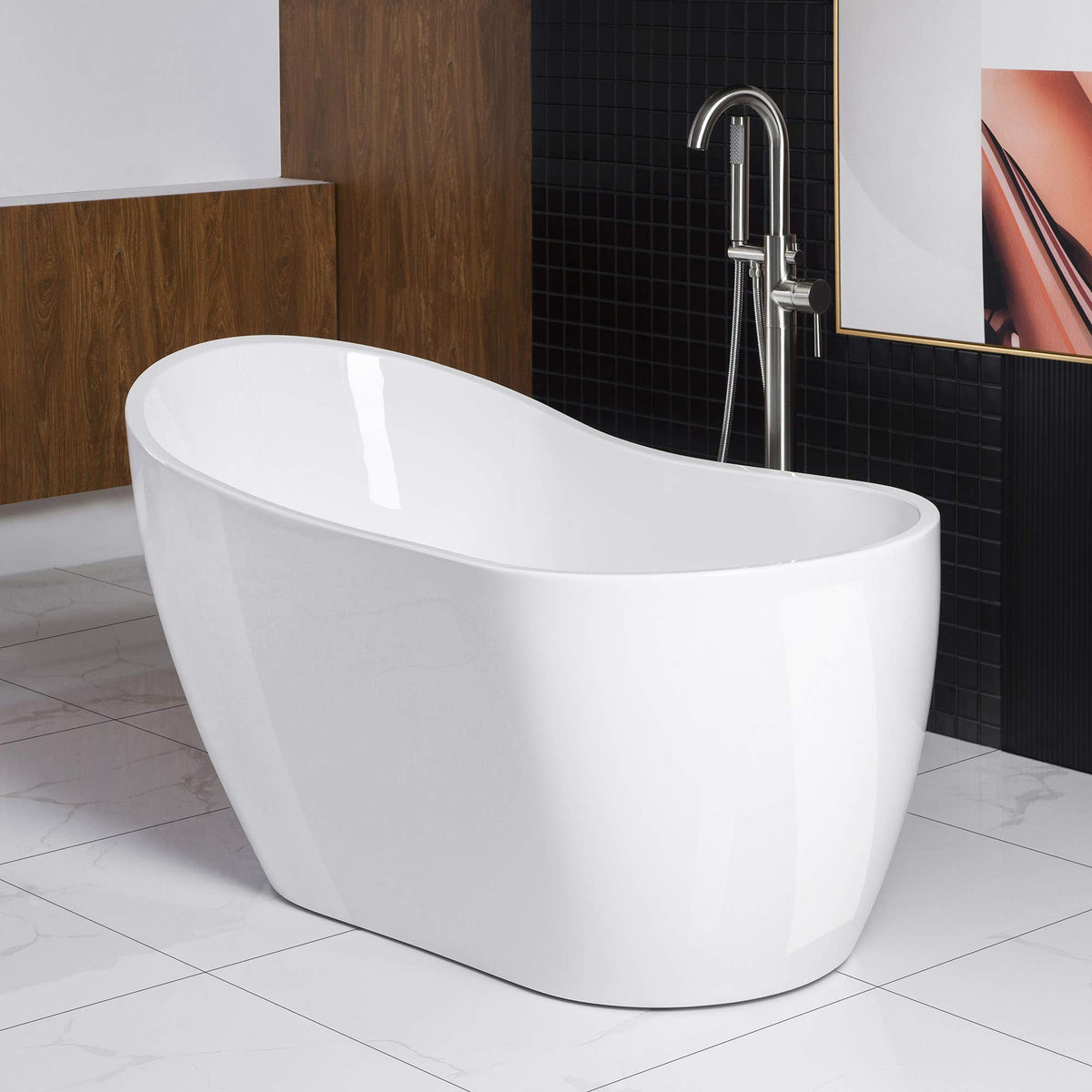 WOODBRIDGE 54" Acrylic Freestanding Bathtub Contemporary Soaking White Tub with Matte Black Overflow and Drain,B0006-MB