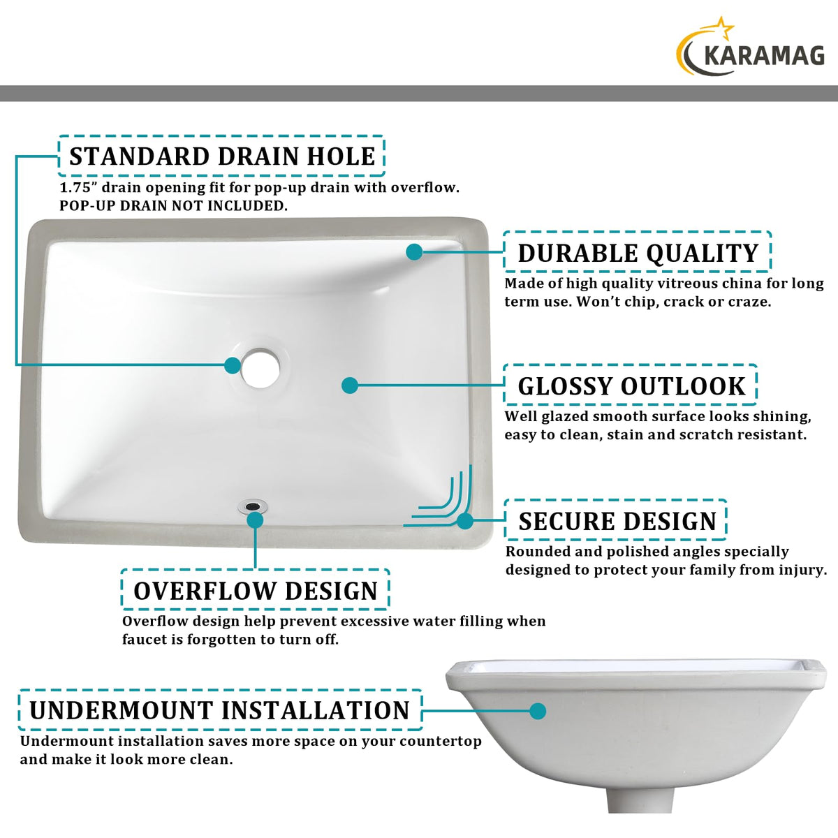 27 Inch Undermount Bathroom Sink with Overflow Rectangle Sinks