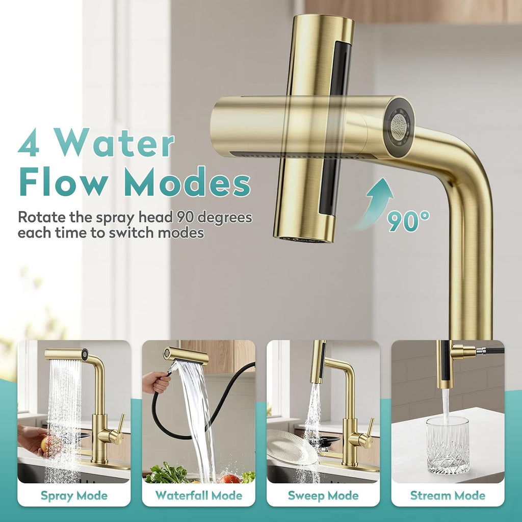 MIAOHUI Brushed Gold Kitchen Faucet with Glass Rinser, 4 Modes