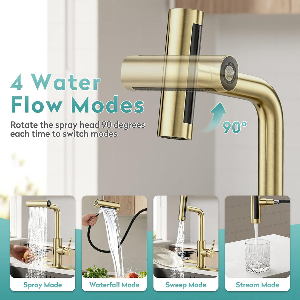 MIAOHUI Brushed Gold Kitchen Faucet with Glass Rinser, 4 Modes