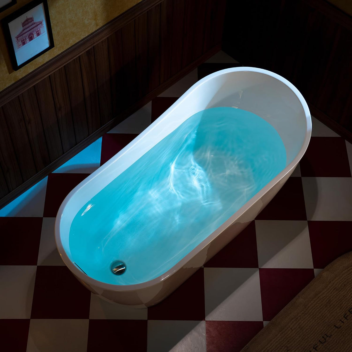 WOODBRIDGE 59" Acrylic Freestanding Bathtub Contemporary Soaking White Tub with Chrome Overflow and Drain,White