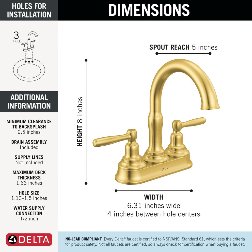Delta Roe Centerset Brushed Nickel Bathroom Faucet, 4 Inch 3 Hole Bathroom Sink Faucet for Vanity, Push-Pop Drain Assembly, Stainless 25985LF-SS