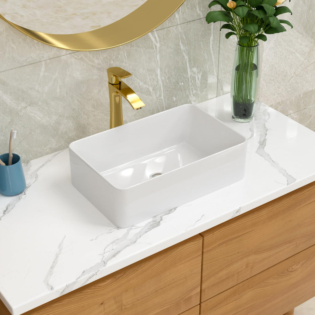 Bathroom Vessel Sink 19"x15" Rectangle Sink Above Counter White Porcelain Ceramic Modern Vanity Sink Art Basin with Faucet Hole