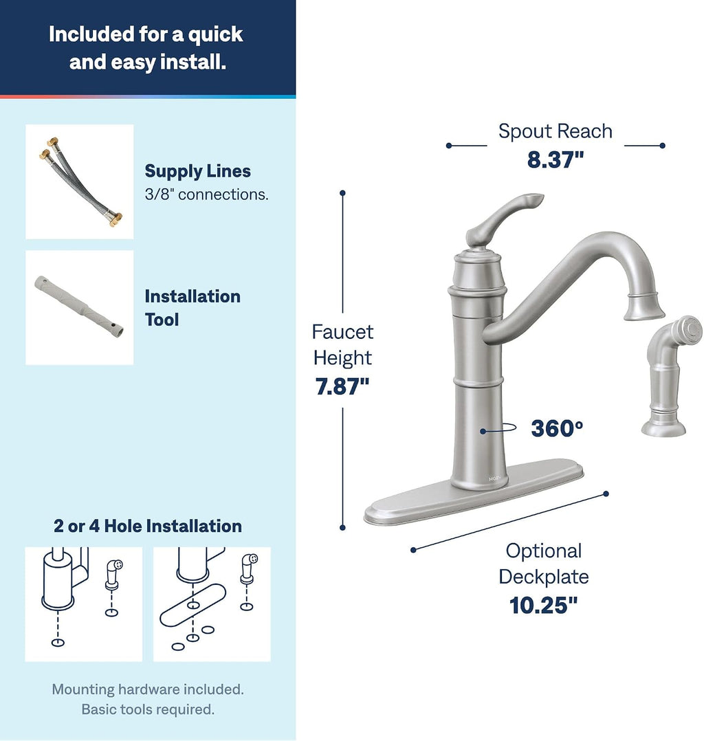Moen Wetherly Spot Resist Stainless High-Arc Kitchen Faucet with Side Spray, 87999SRS