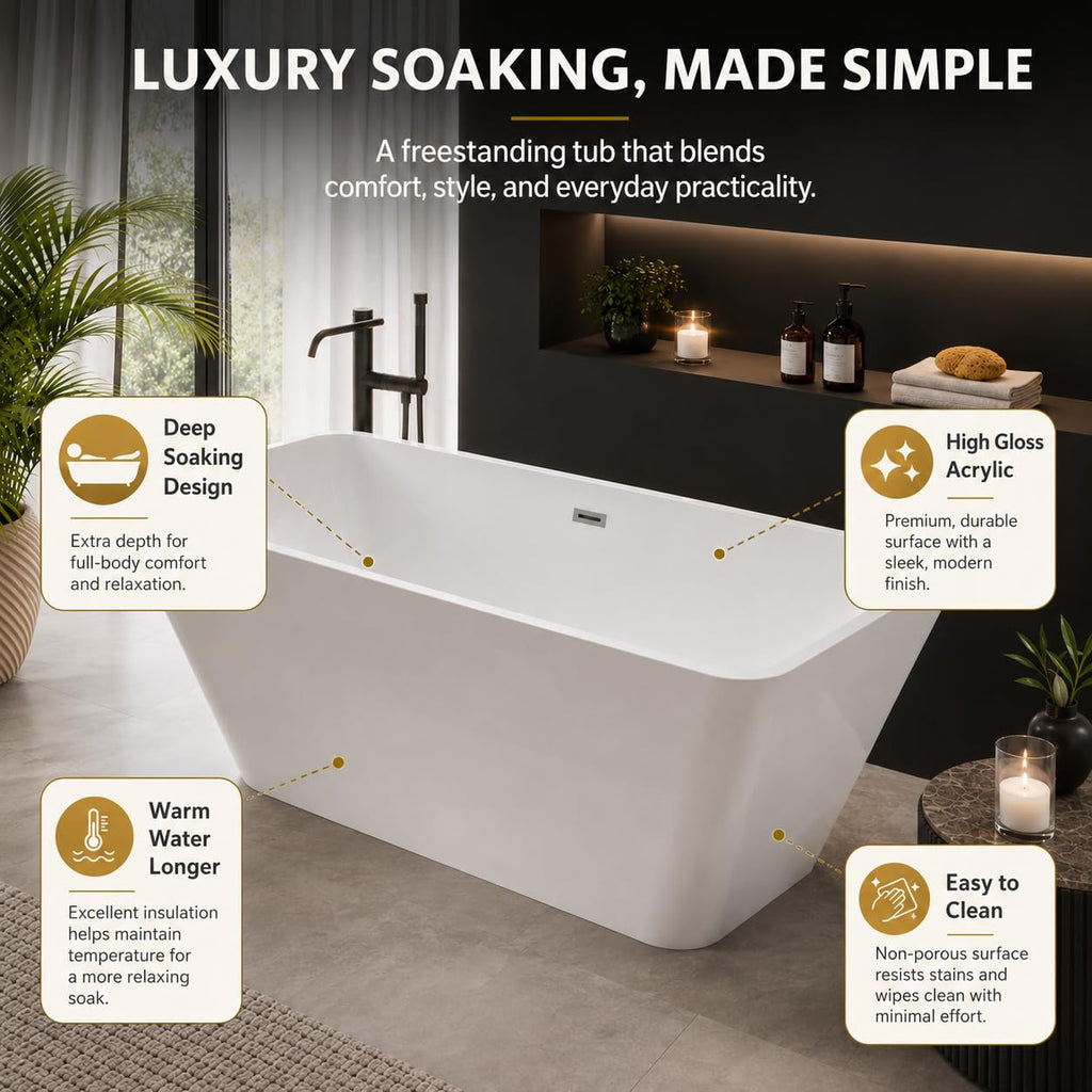 59" Acrylic Freestanding Soaking Bathtub, Deep Ergonomic Design with Lumbar Support, Integrated Overflow Drain, Non-Slip Base,cUPC Certified Modern Bathroom Tub, Easy Installation for Bathroom