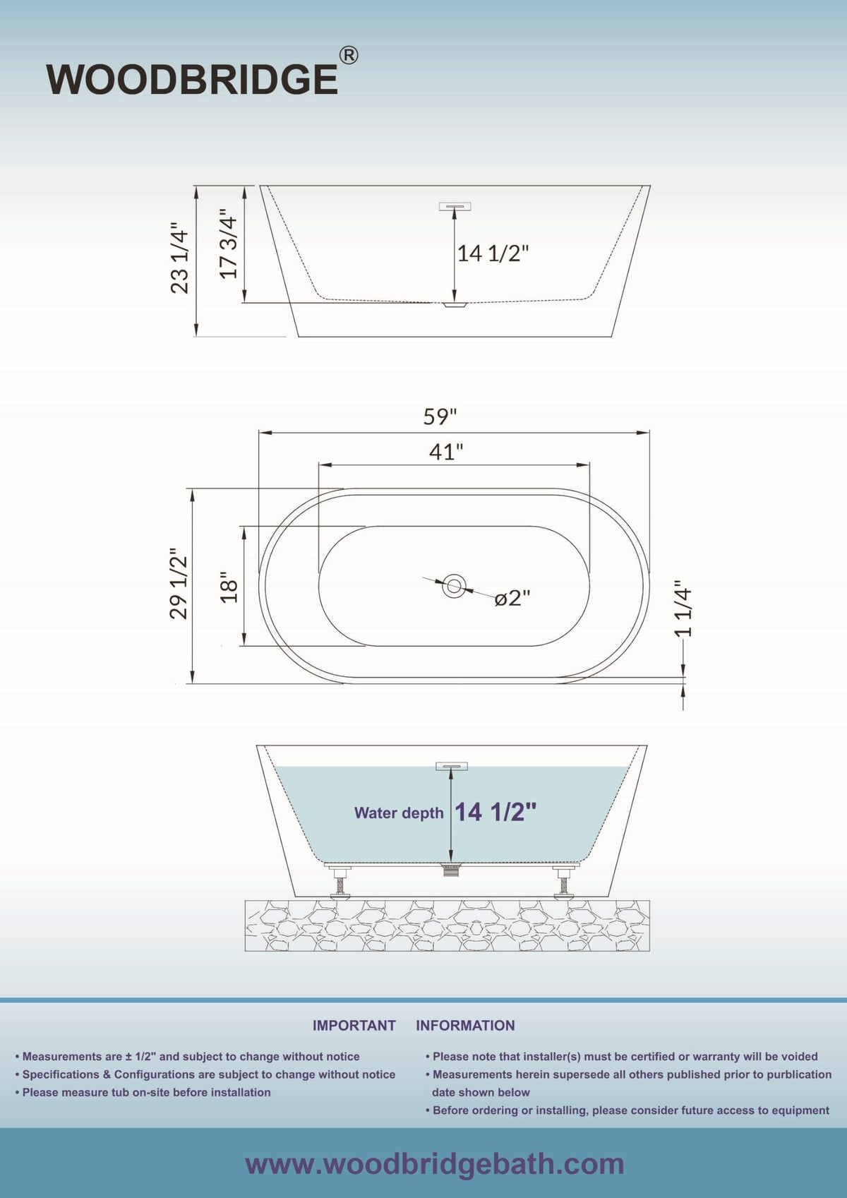 WOODBRIDGE 59" L x 29-1/2" W Freestanding Contemporary Soaking Bathtub with Chrome Drain & Overflow, White, B2514 C