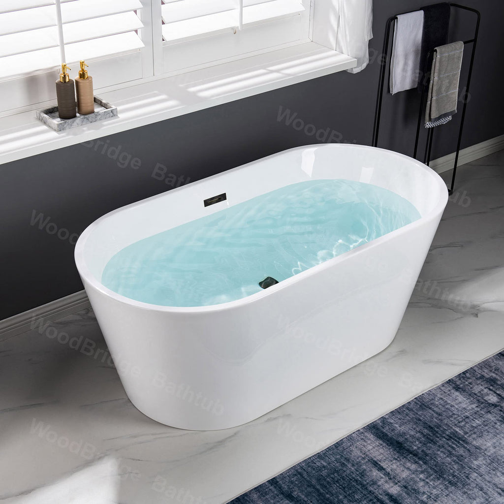 WOODBRIDGE 54" Acrylic Freestanding Bathtub Contemporary Soaking White Tub with Brushed Gold Overflow and Drainï¼BTA1702-BG