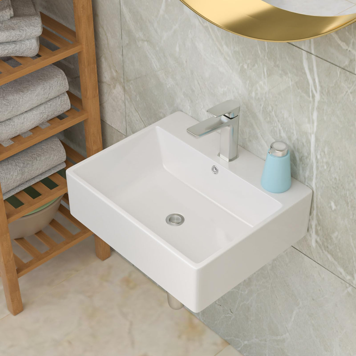Bathroom Vessel Sink 19"x15" Rectangle Sink Above Counter White Porcelain Ceramic Modern Vanity Sink Art Basin with Faucet Hole