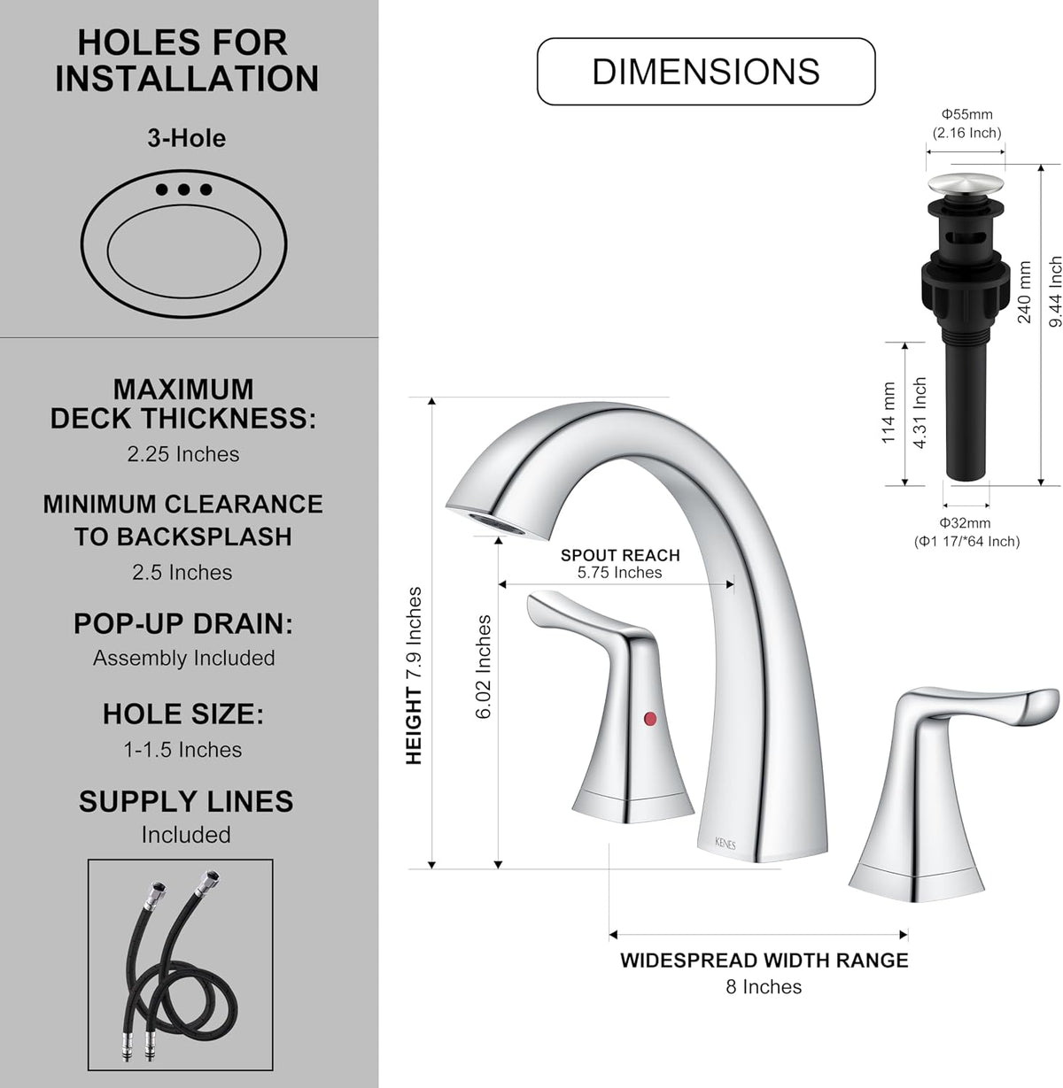 KENES Bathroom Faucets for Sink 3 Hole, Chrome 8 Inch 2 Handle Widespread
