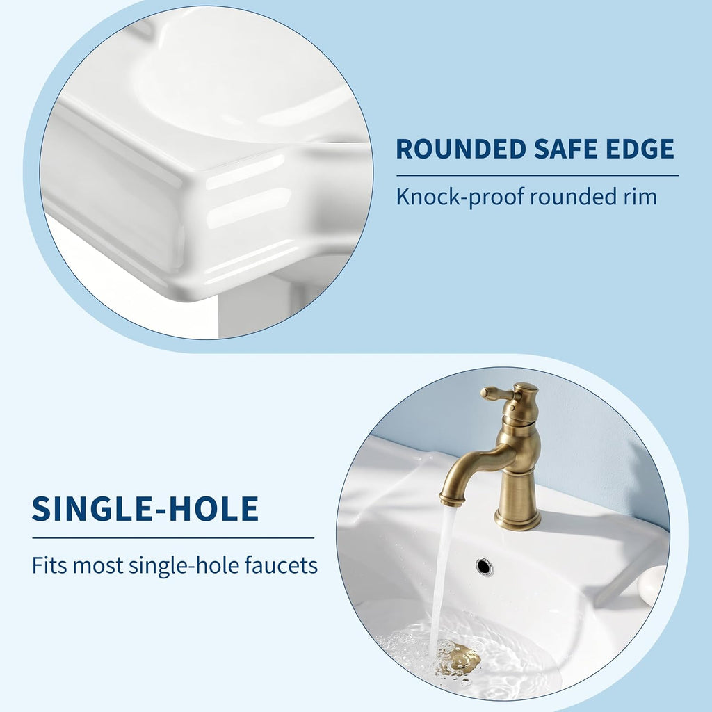 Garvee White Ceramic Pedestal Bathroom Sink, Single Hole Freestanding Basin