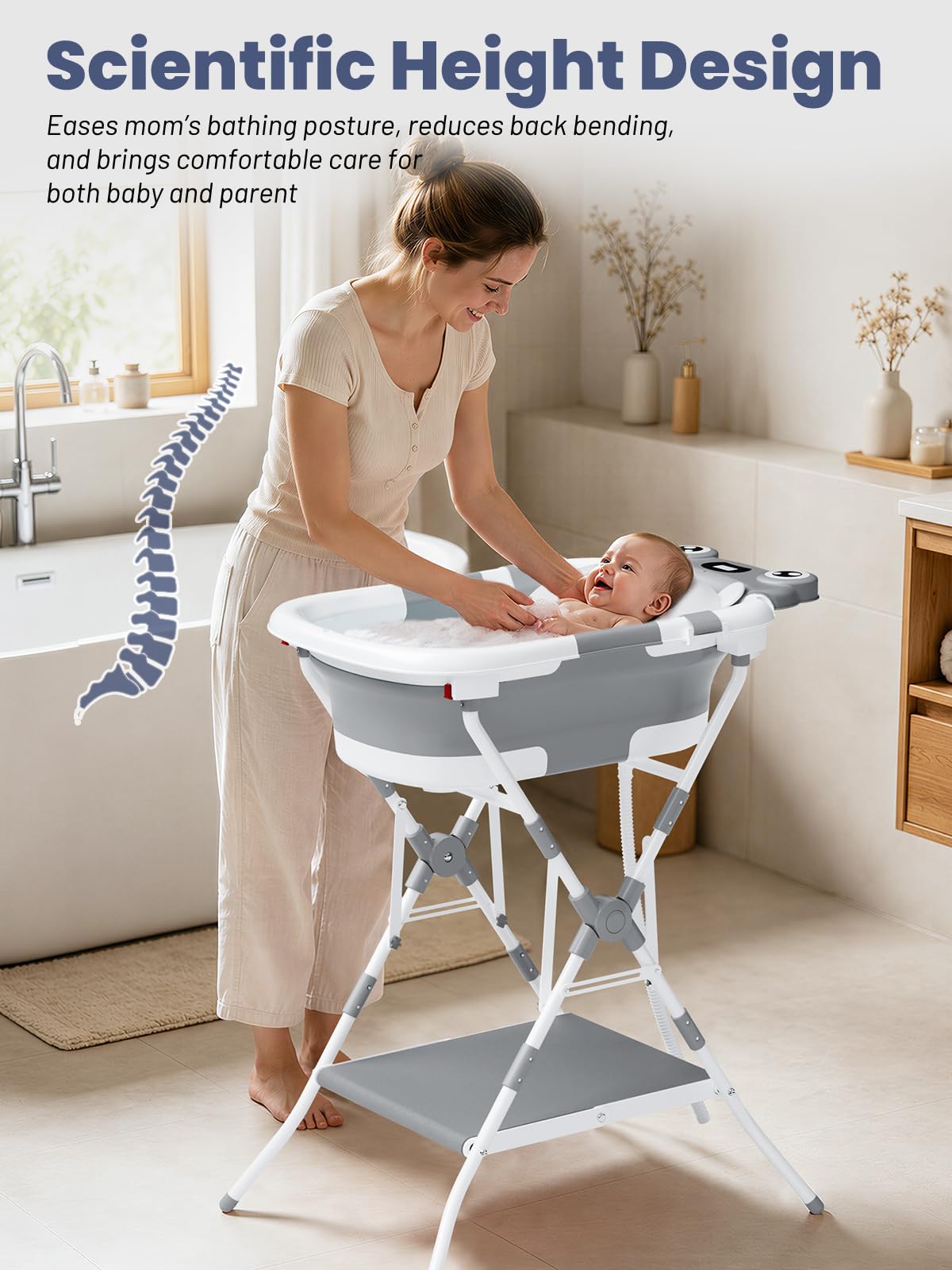 Baby Bathtub with Stand, Foldable Metal Standing Baby Bath Tub, 3-in-1 Anti-Slip Collapsible Tub with Cushion Storage Pad, Elevated Design for Newborn Toddler, Gray