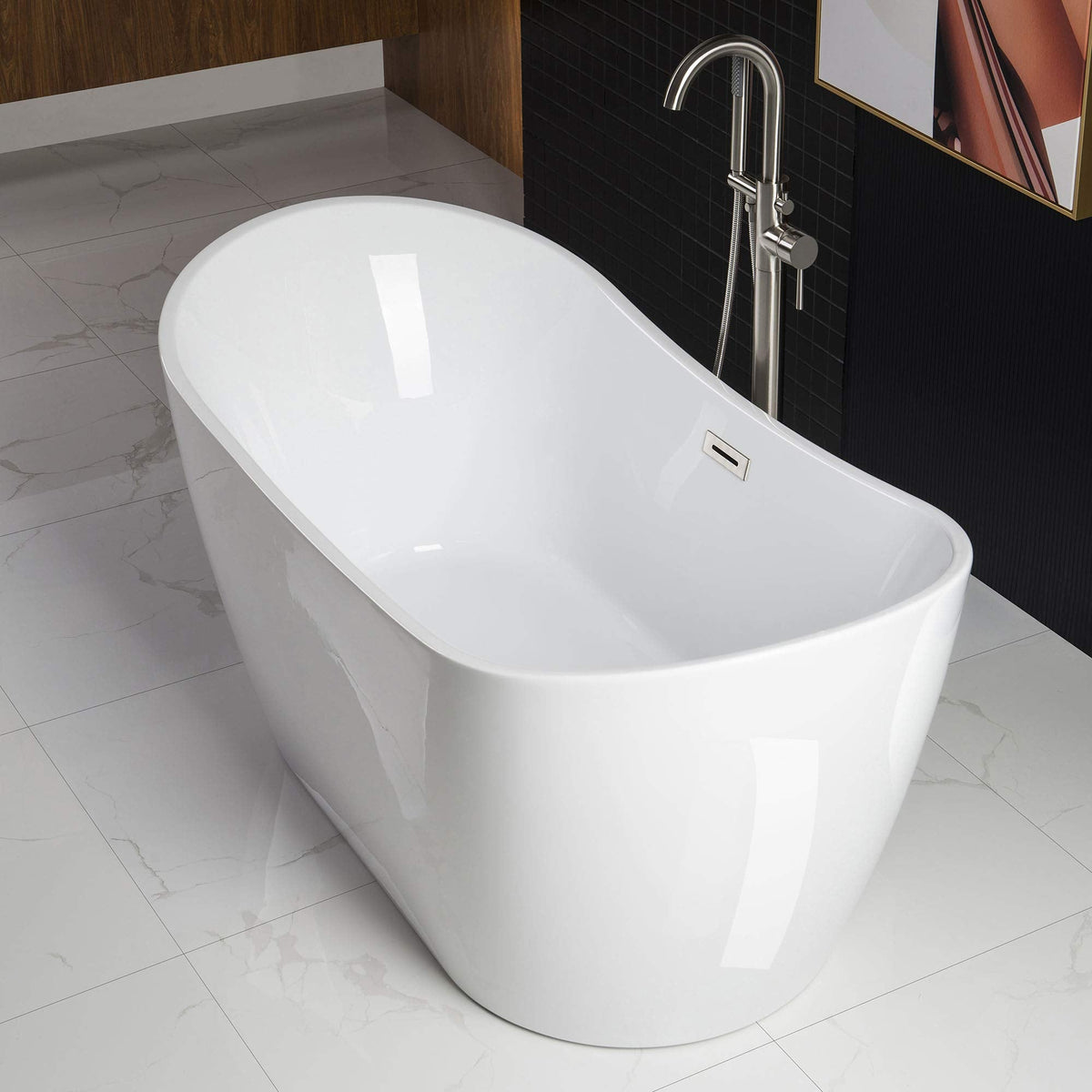 WOODBRIDGE 71" Acrylic Freestanding Bathtub Contemporary Soaking White Tub with Brushed Gold Overflow and Drain,B0017-BG