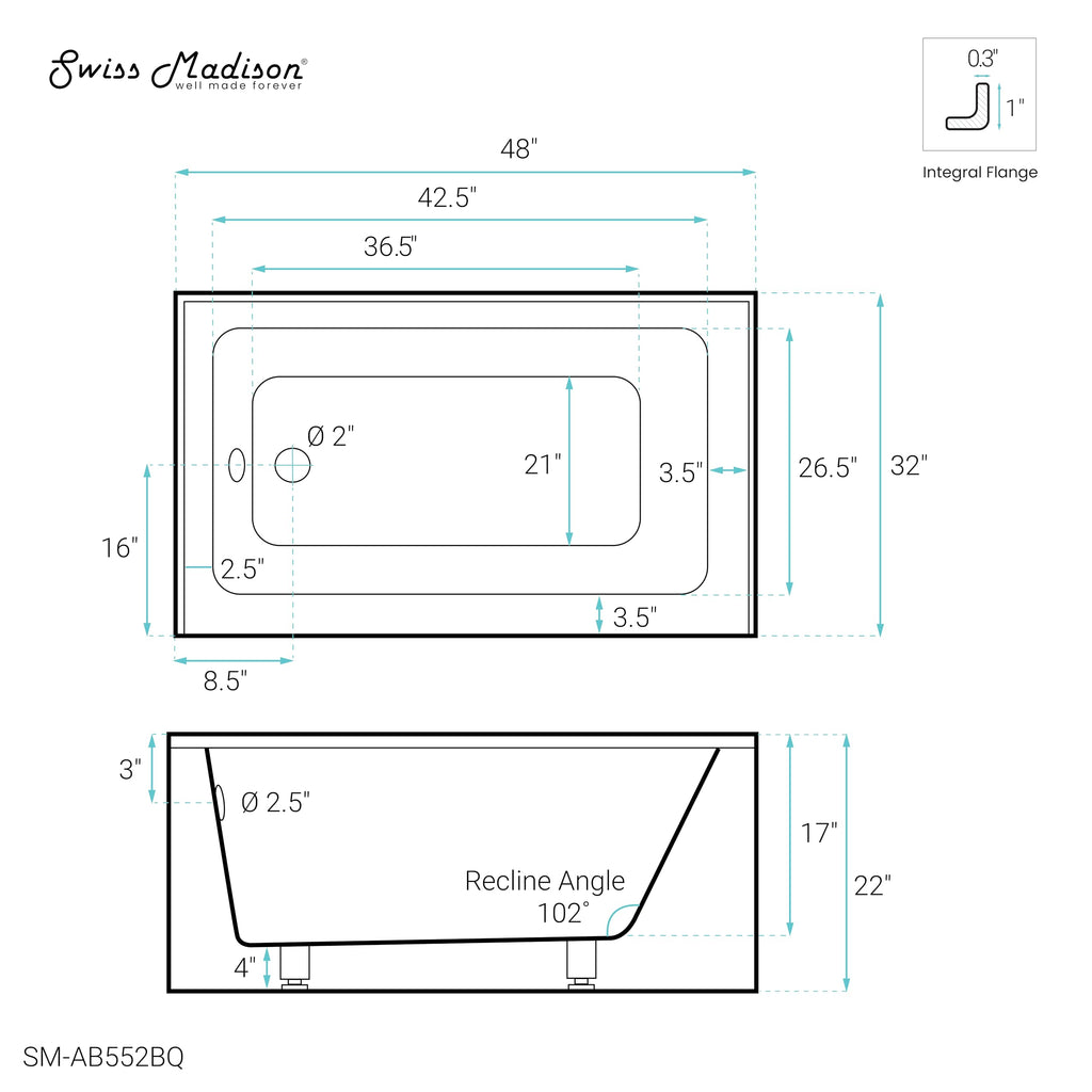 Voltaire 60" x 32" Right-Hand Drain Alcove Bathtub with Apron