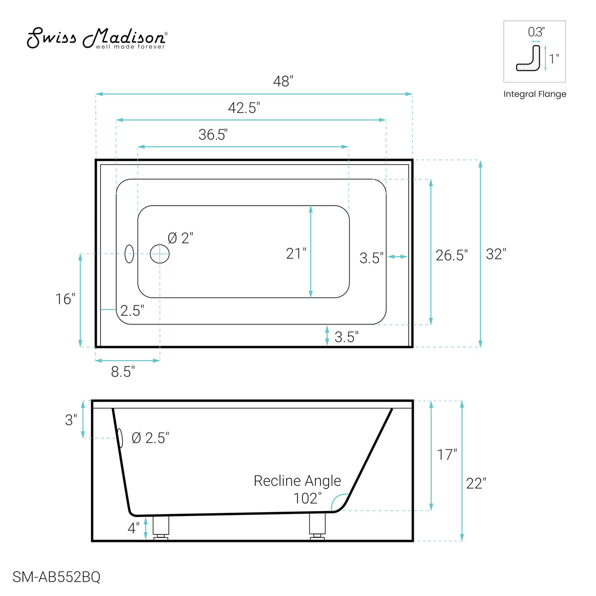 Voltaire 60" x 32" Right-Hand Drain Alcove Bathtub with Apron