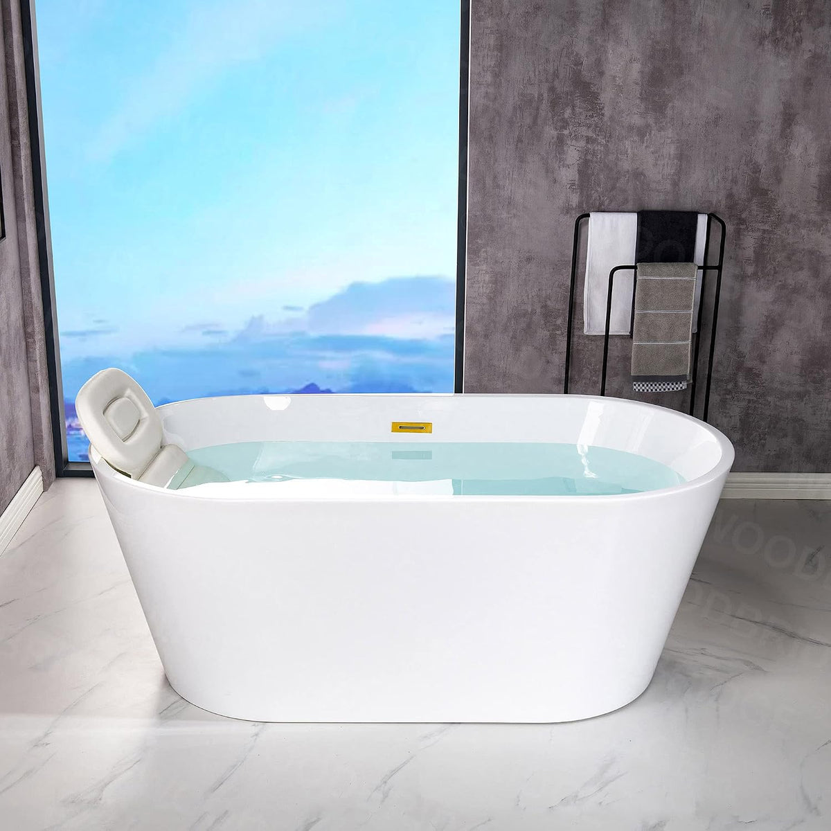 WOODBRIDGE 54" Acrylic Freestanding Bathtub Contemporary Soaking White Tub with Brushed Gold Overflow and Drainï¼BTA1702-BG